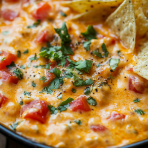 Close-up of a creamy, cheesy Rotel dip with chunks of tomatoes and green chilies, surrounded by tortilla chips for dipping. The vibrant colors and texture of the dip highlight its rich, spicy flavor.