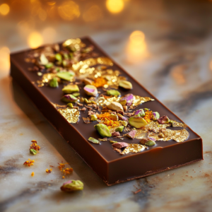 A luxurious Dubai chocolate bar topped with edible gold leaf, saffron threads, and pistachio pieces, placed on a marble surface with elegant packaging in the background, highlighting its rich, indulgent design.