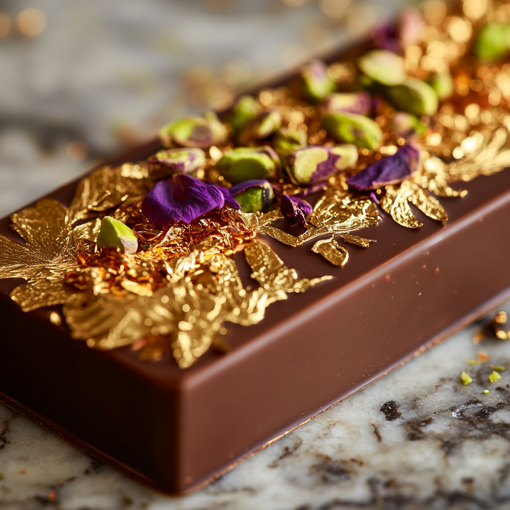 A luxurious Dubai chocolate bar topped with edible gold leaf, saffron threads, and pistachio pieces, placed on a marble surface with elegant packaging in the background, highlighting its rich, indulgent design.