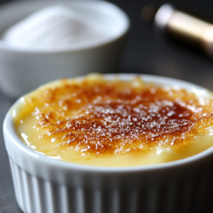 Close-up of caramelized crème brûlée with crackling sugar crust in a white ramekin.