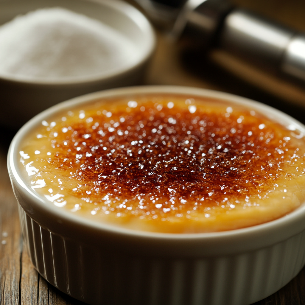 Close-up of caramelized crème brûlée with crackling sugar crust in a white ramekin.