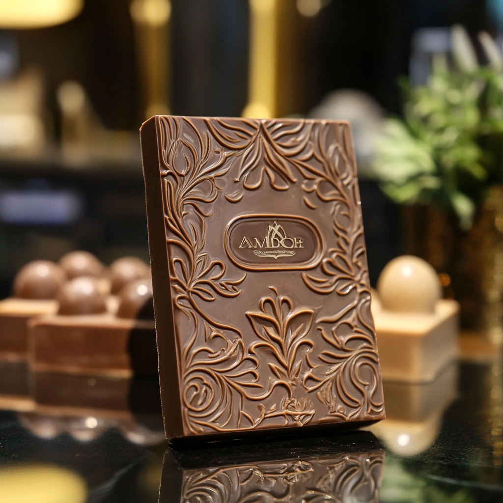 Luxurious Dubai chocolate bar with pistachio filling in ornate packaging on a gold display.