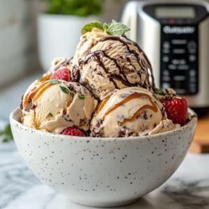 Close-up of homemade ice cream with vanilla, chocolate, and strawberry flavors topped with fresh fruit, herbs, and caramel swirls, with a Cuisinart ice cream maker in the background.