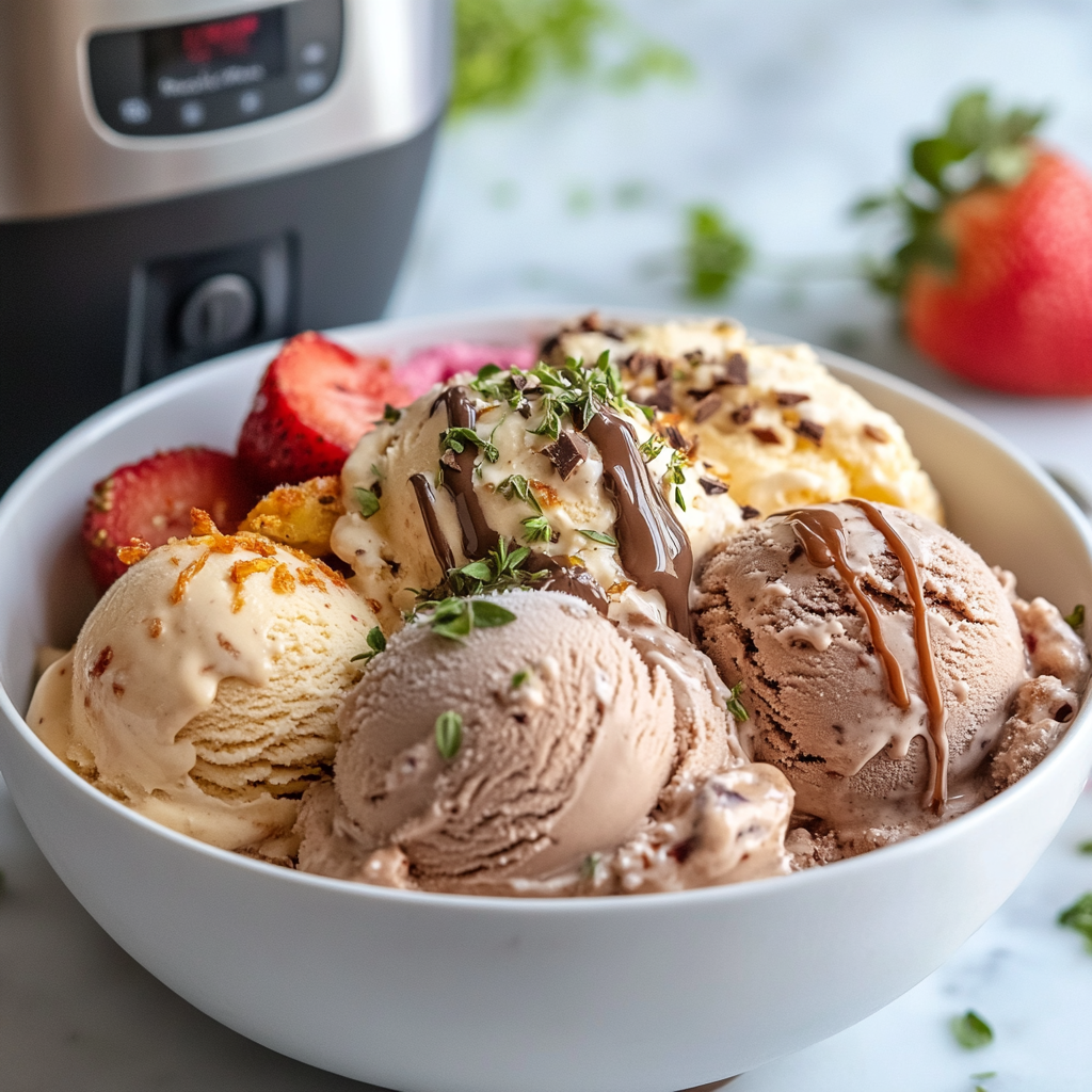 Close-up of homemade ice cream with vanilla, chocolate, and strawberry flavors topped with fresh fruit, herbs, and caramel swirls, with a Cuisinart ice cream maker in the background.