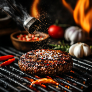 Close-up of a grilled hamburger patty being seasoned with spices, including salt, pepper, garlic, and paprika, on a smoky grill.