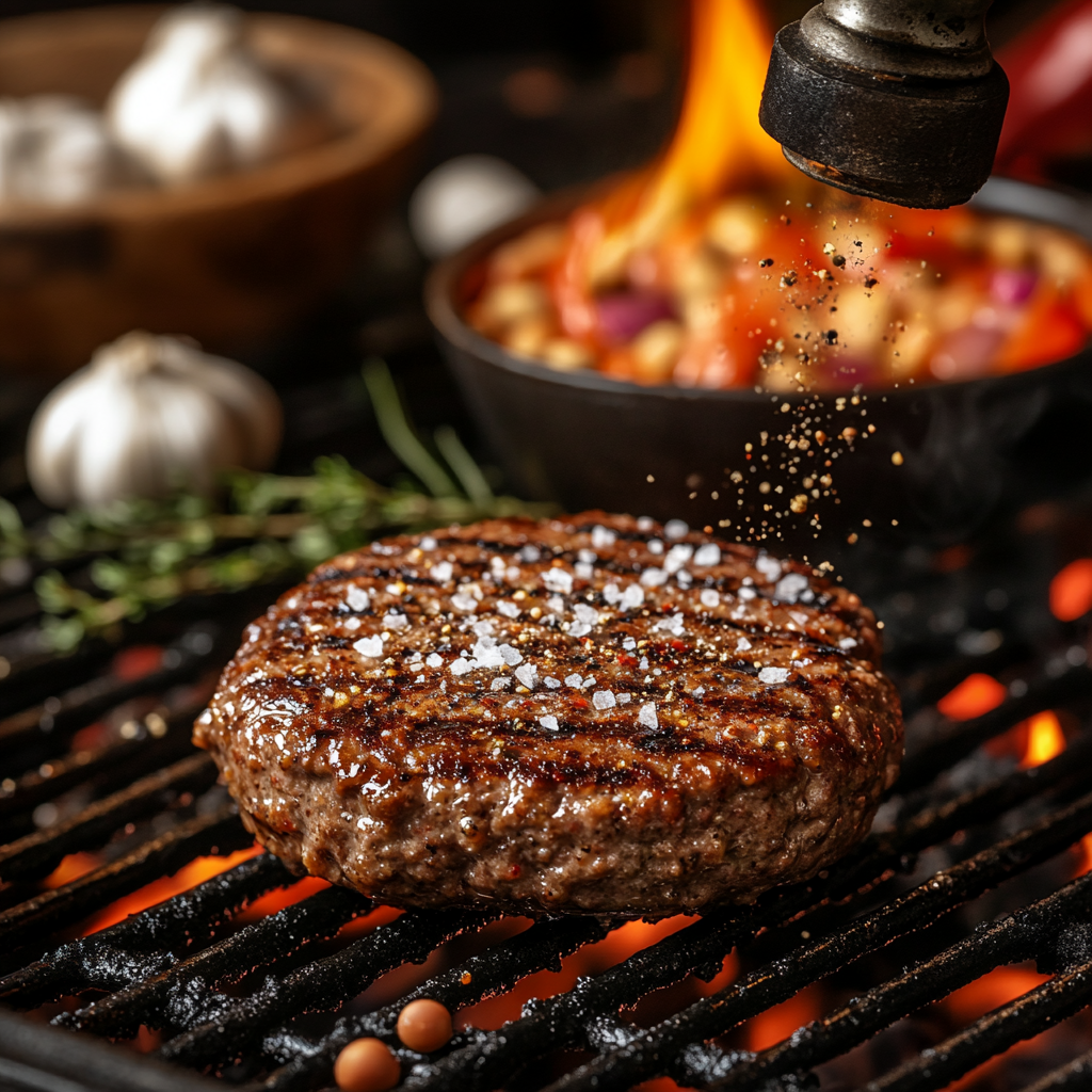 Close-up of a grilled hamburger patty being seasoned with spices, including salt, pepper, garlic, and paprika, on a smoky grill.