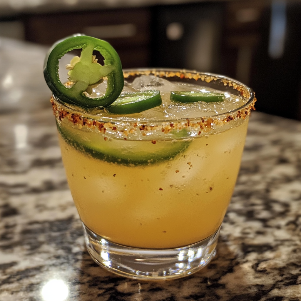 Close-up of a Spicy Margarita garnished with lime and jalapeño slices in a salted glass, with chips and guacamole in the background, set on an outdoor table.