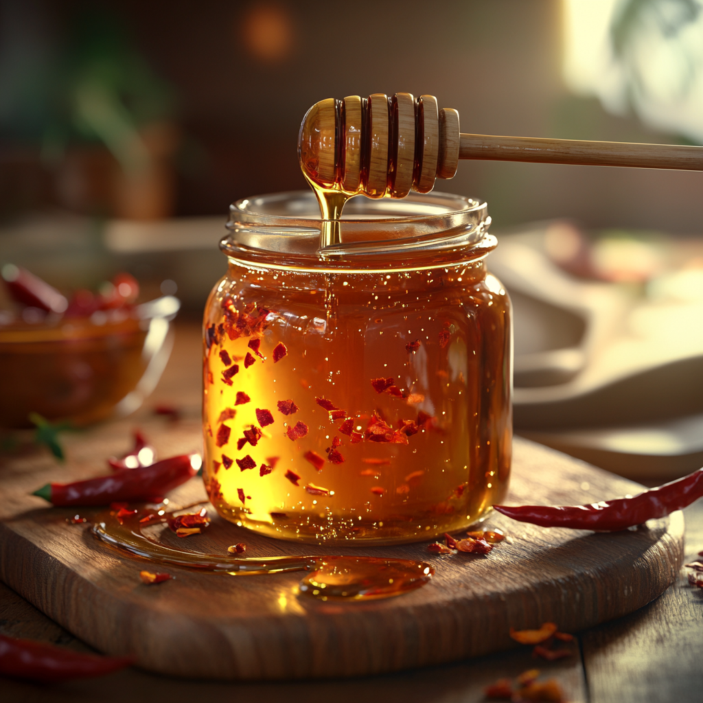 Photorealistic image of a jar of hot honey, with a honey dipper drizzling the golden honey infused with chili flakes over a wooden cutting board. Whole chili peppers and a small bowl of honey are visible in the warm, rustic background.