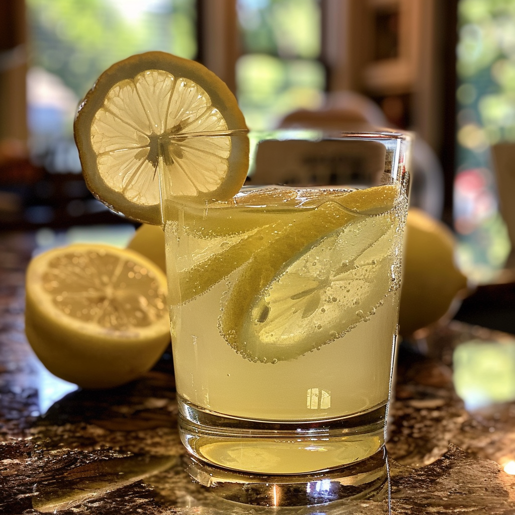 A perfectly made lemon drop shot with a sugared rim and lemon wedge garnish.