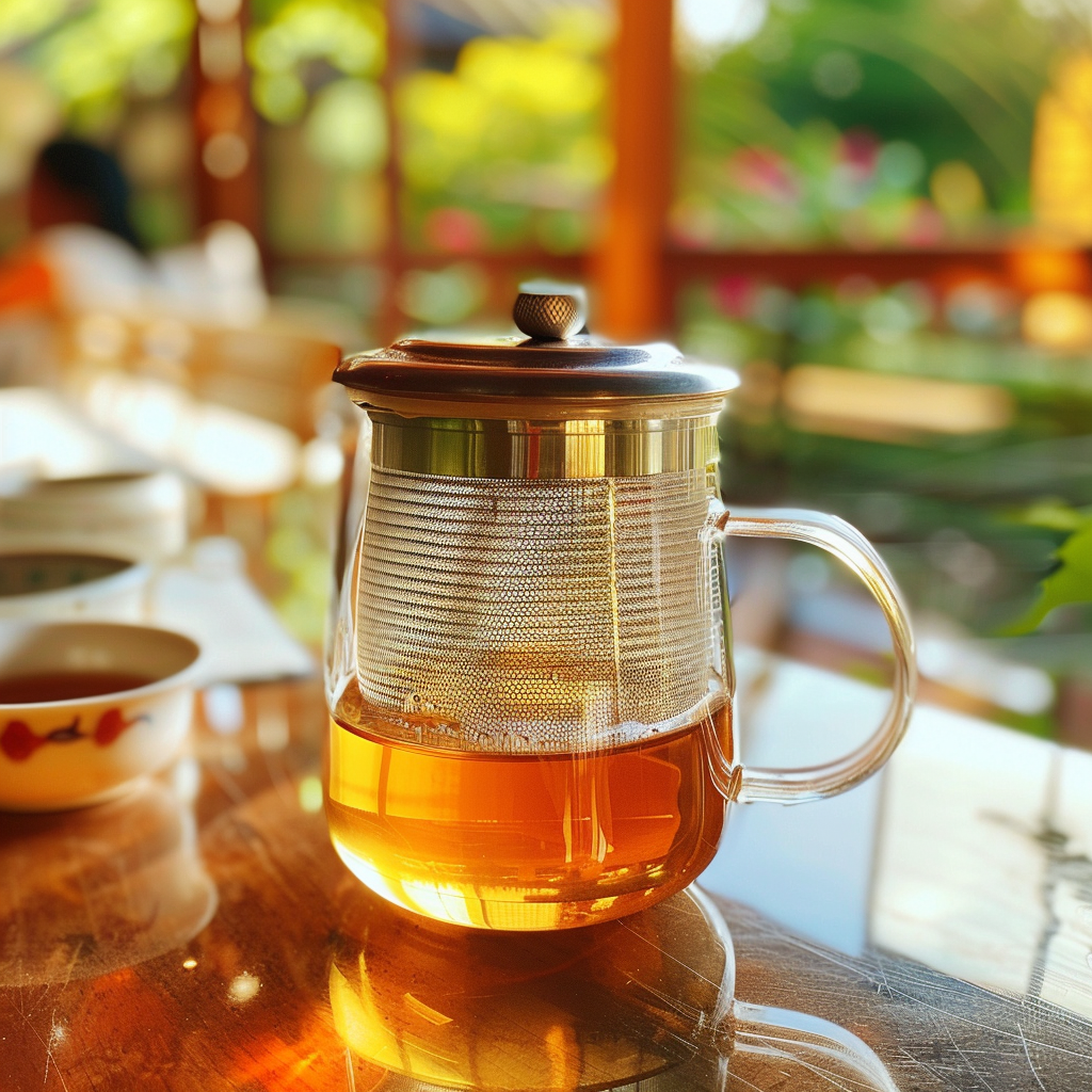 Photorealistic image of a stainless steel tea infuser submerged in a glass cup of tea, with steam rising. The setting is warm and cozy, highlighting the traditional tea brewing experience.