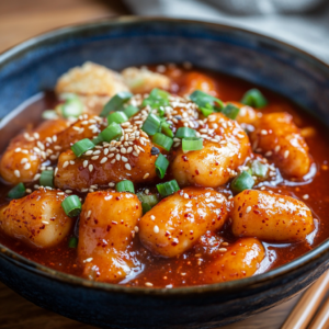 A bowl of tteokbokki, Korean rice cakes in spicy red sauce, garnished with sesame seeds and green onions, with fish cakes on the side.