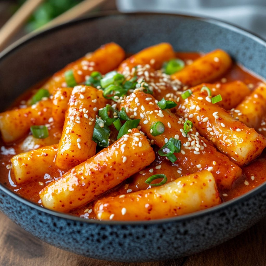 A bowl of tteokbokki, Korean rice cakes in spicy red sauce, garnished with sesame seeds and green onions, with fish cakes on the side.