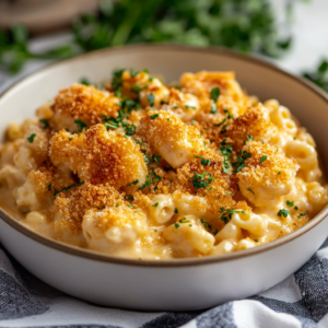 Chick-fil-A mac and cheese in a cast-iron skillet with a golden cheese topping.