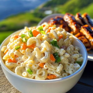 Creamy Hawaiian mac salad with carrots and green onions on a plate.