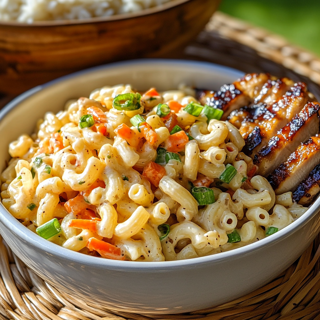 Creamy Hawaiian mac salad with carrots and green onions on a plate.