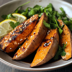 Miso salmon with a golden glaze served on rice and broccoli