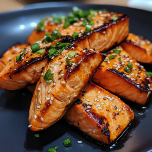 Miso salmon with a golden glaze served on rice and broccoli