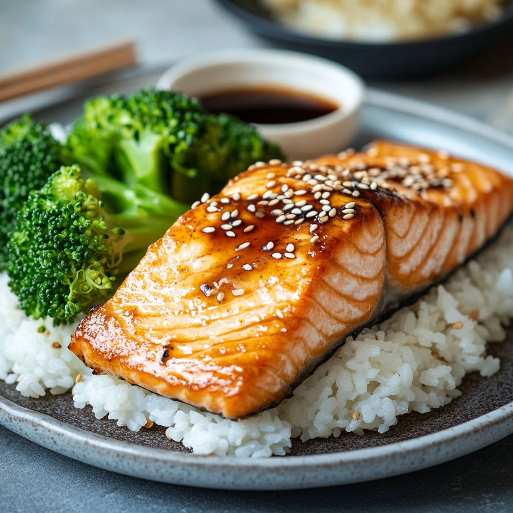 Miso salmon with a golden glaze served on rice and broccoli