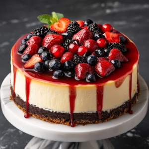 Philadelphia cheesecake topped with strawberries and chocolate drizzle on a rustic table.