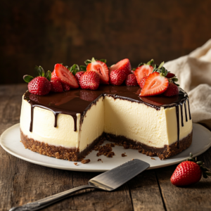 Philadelphia cheesecake topped with strawberries and chocolate drizzle on a rustic table.