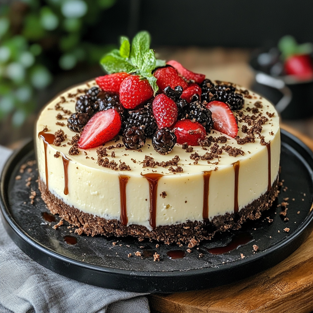 Philadelphia cheesecake topped with strawberries and chocolate drizzle on a rustic table.