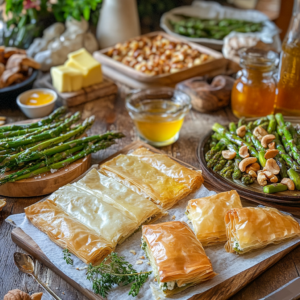 Crispy golden phyllo dough dishes, including spanakopita, baklava, and phyllo-wrapped asparagus, arranged on a wooden table with fresh ingredients like butter, honey, and nuts.