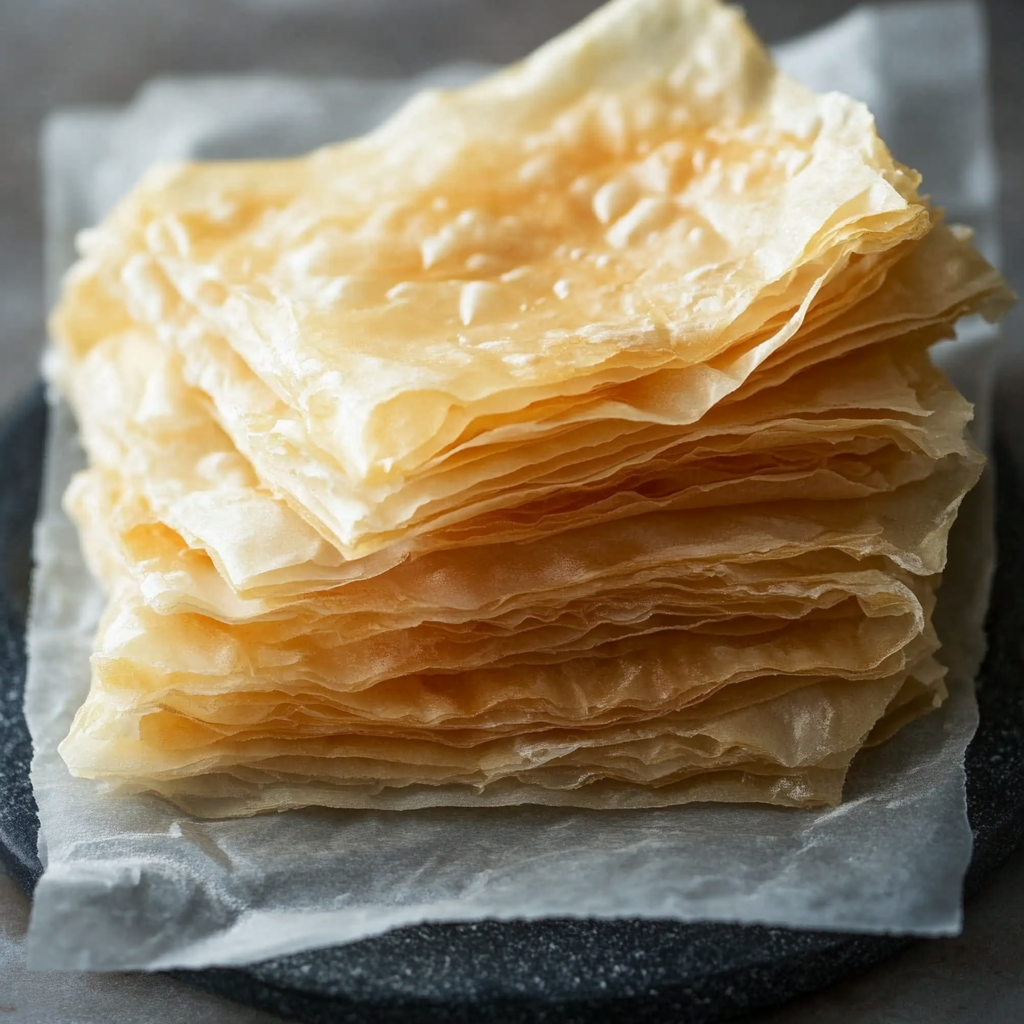 Crispy golden phyllo dough dishes, including spanakopita, baklava, and phyllo-wrapped asparagus, arranged on a wooden table with fresh ingredients like butter, honey, and nuts.