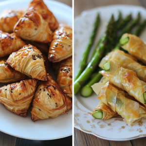 Side-by-side comparison of puff pastry and phyllo dough on a wooden cutting board.