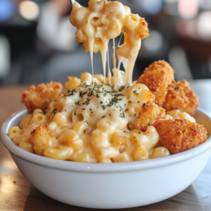 Chick-fil-A mac and cheese in a cast-iron skillet with a golden cheese topping.