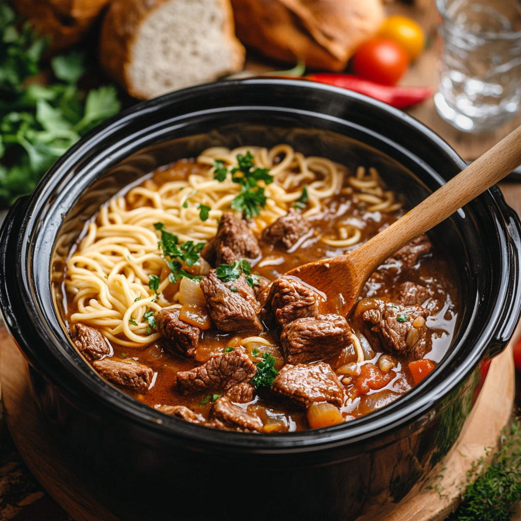 Slow Cooker Beef and Noodles with tender beef chunks and soft noodles in a savory broth.