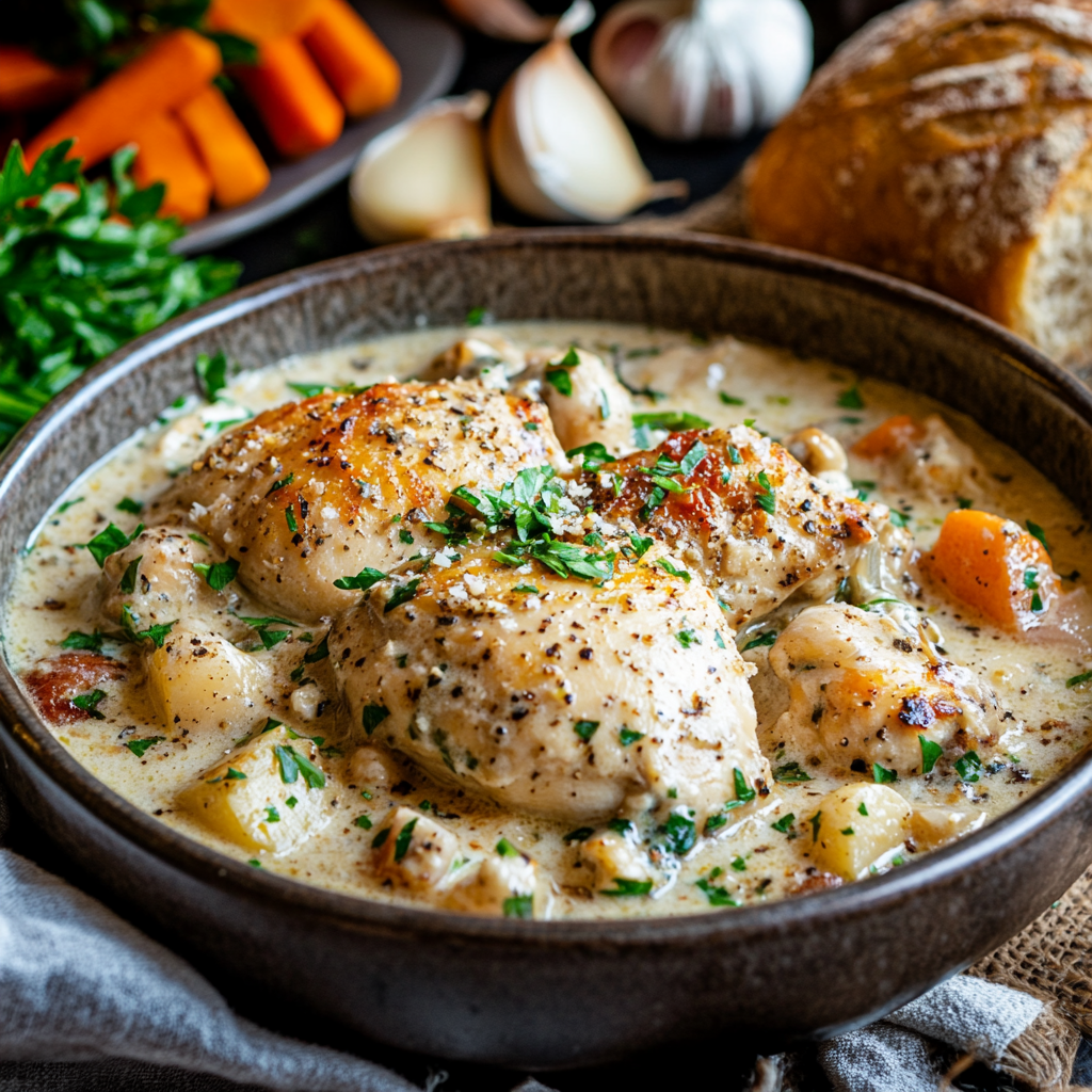 Slow cooker garlic parmesan chicken in a creamy sauce, garnished with parsley