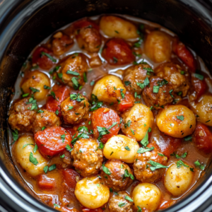 Slow cooker Tuscan chicken meatballs with gnocchi in a creamy sauce.