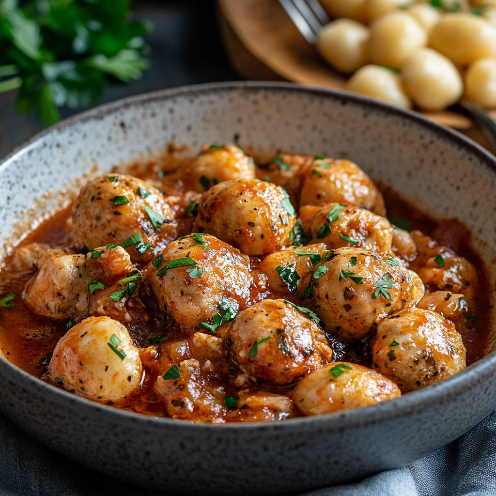 Slow cooker Tuscan chicken meatballs with gnocchi in a creamy sauce.