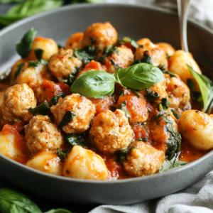 Slow cooker Tuscan chicken meatballs with gnocchi in a creamy sauce.