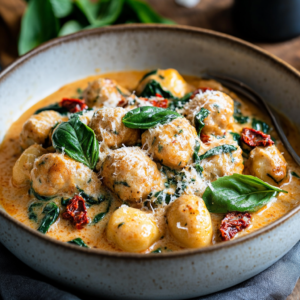 Slow cooker Tuscan chicken meatballs with gnocchi in a creamy sauce.