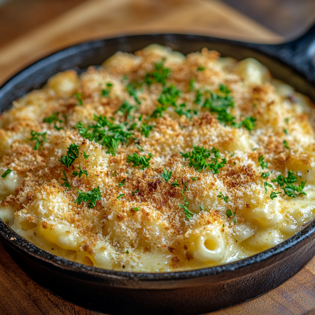 Smoked mac and cheese with golden breadcrumb topping in a cast-iron skillet.