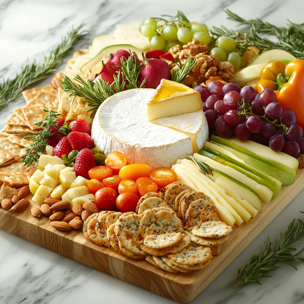 Cheese board featuring Boursin cheese with bread, crackers, fruits, vegetables, nuts, and herbs.