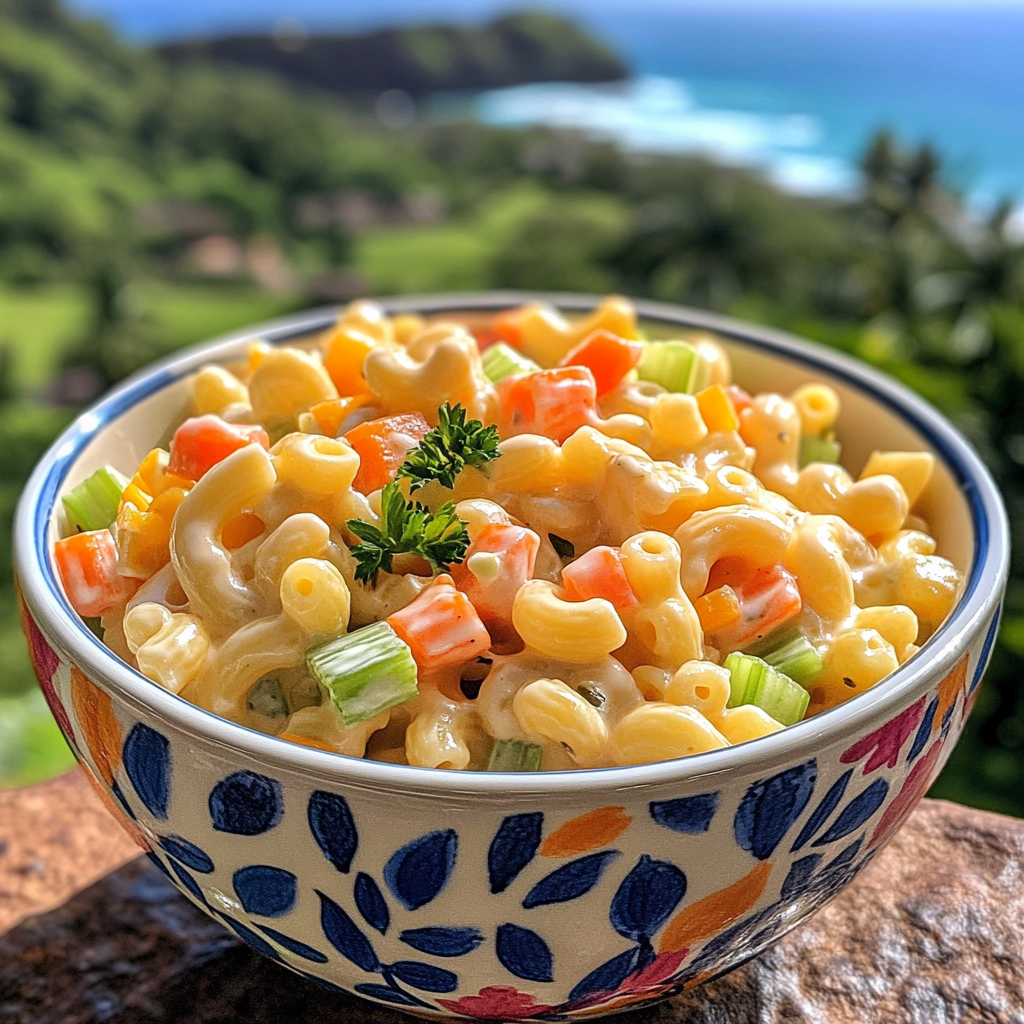 Bowl of creamy Hawaiian mac salad with carrots and celery on a tropical background