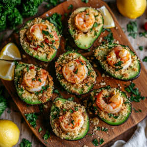 Baked shrimp stuffed avocado halves topped with crispy breadcrumbs.