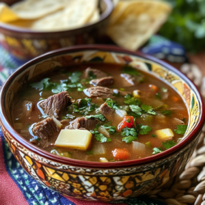 Caldo de res with beef, vegetables, and lime served in a rustic bowl.