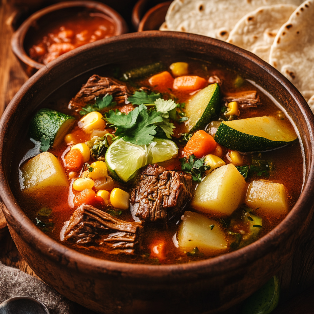 Caldo de res with beef, vegetables, and lime served in a rustic bowl.