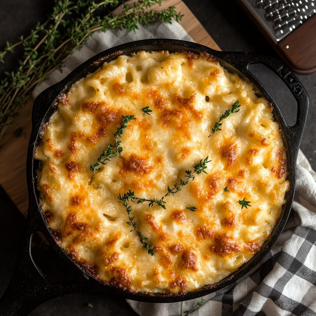 Chick-fil-A mac and cheese in a cast-iron skillet with a golden cheese topping.