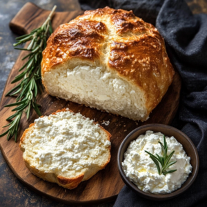 Freshly baked cottage cheese bread loaf with golden crust and airy slices.