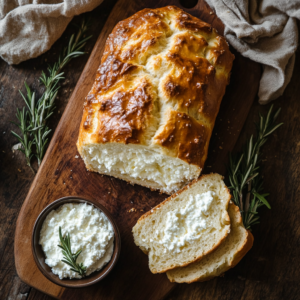 Freshly baked cottage cheese bread loaf with golden crust and airy slices.