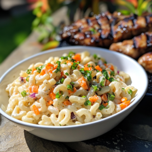 Creamy Hawaiian mac salad with carrots and green onions on a plate.