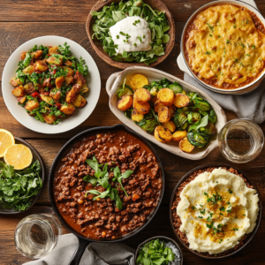 A variety of delicious ground venison dishes, including chili, burgers, and shepherd's pie, paired with roasted vegetables and a green salad.