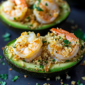 Baked shrimp stuffed avocado halves topped with crispy breadcrumbs.