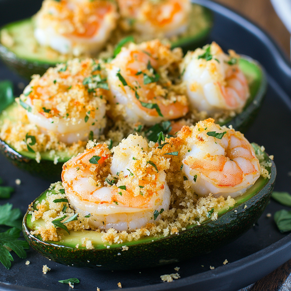 Baked shrimp stuffed avocado halves topped with crispy breadcrumbs.