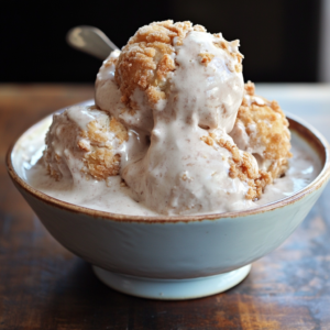 Fried chicken ice cream pieces with golden crispy coating on a serving platter.