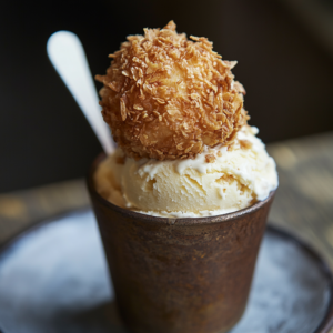 Fried chicken ice cream pieces with golden crispy coating on a serving platter.